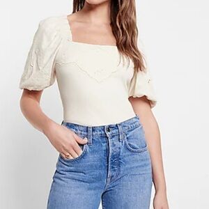 Express Embroidered Square Neck Puff Sleeve Top Women’s Small Ivory Cottagecore